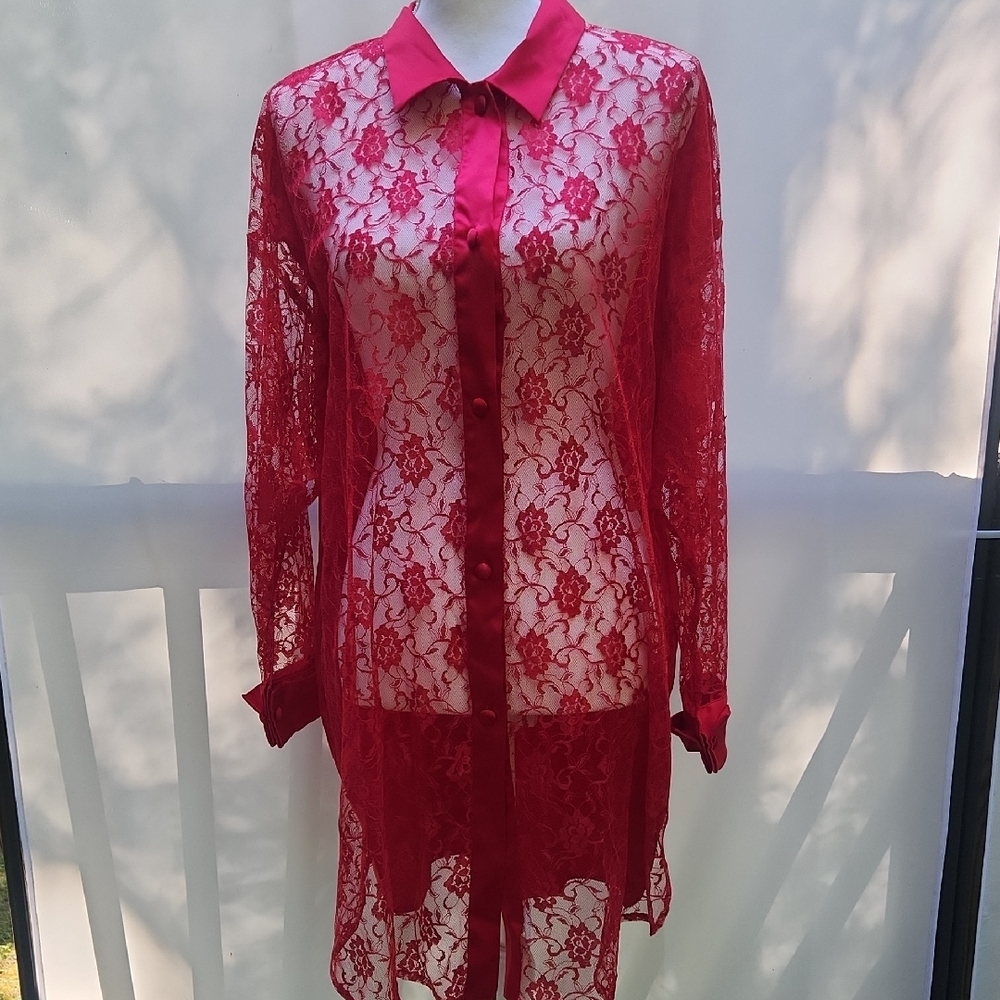 Victoria's Secret Red Lace And Satin Whimsigoth Button-Down Top